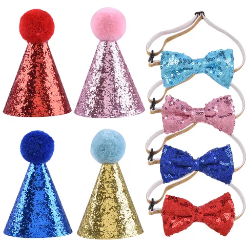 Pet Birthday Party Sequin Hat Bow Tie Set For Dogs Cats Adjustable Glitter Headwear Birthday Bandana DIY Decoration Numbers