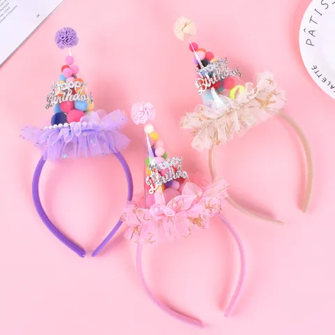 Girl Birthday Party Headband Mini Mesh Cone Hat With Colorful Plush Balls Glitter Happy Birthday Text Princess Costume Prop