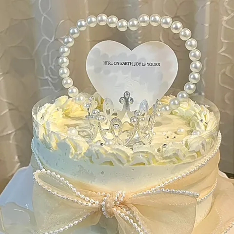 Elegant Artificial Pearl Bow Heart Cake Topper Set Romantic Baking Decoration For Birthday Mother's Day Valentine's Day Party Decor