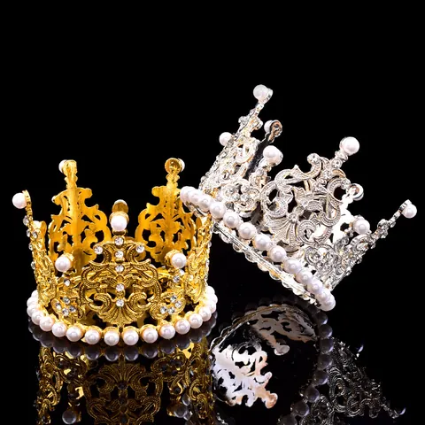 Ironwork Artificial Pearl Rhinestone Crown Cake Topper Tiara For Birthday Wedding Party Decoration Ornament Gold Silver