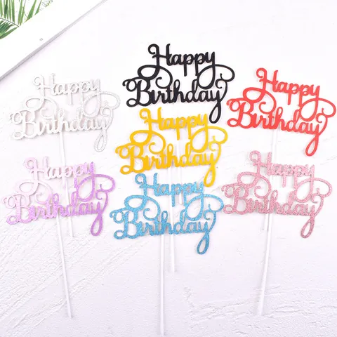 Happy Birthday Cake Topper Glitter Script Cake Decoration Insert Card For Birthday Party Baking Anniversary Supplies