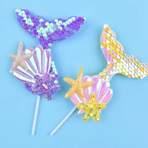 Mermaid Tail Cake Topper Ocean Theme Birthday Party Decorations Shell Starfish Sequined Cake Insert For Kids Baking Ornament