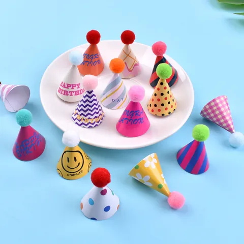 Korean Style Mini Party Hats Cake Toppers Colorful Plaid Polka Dot Smile Face With Pom Poms Birthday Christmas Baking Decorations