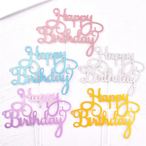 Happy Birthday Cake Topper Glitter Script Cake Decoration Insert Card For Birthday Party Baking Anniversary Supplies