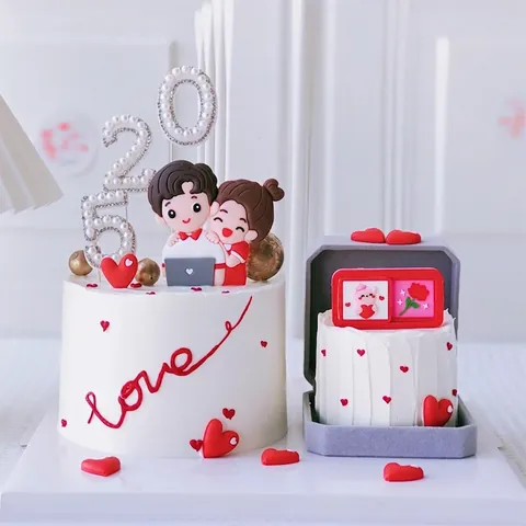 Valentine's Day Cake Topper Soft Rubber Q Version Boy Girl Couple Pearl Love Heart Sliding Interactive Party Decoration