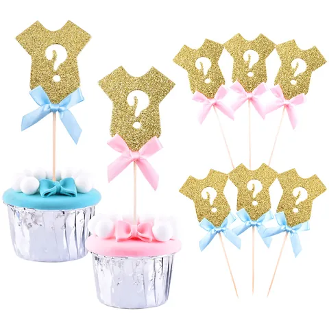 Gold Glitter Gender Reveal Cake Toppers Baby Onesie Question Mark Shape With Pink Blue Satin Bow For Baby Shower Party Decor