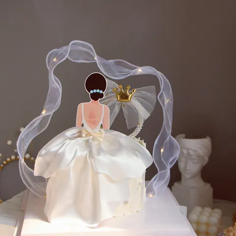 Elegant Goddess Back Profile Cake Topper With Satin Dress 3D Mesh Bow Artificial Pearl Decor For Mother Day Birthday Baking