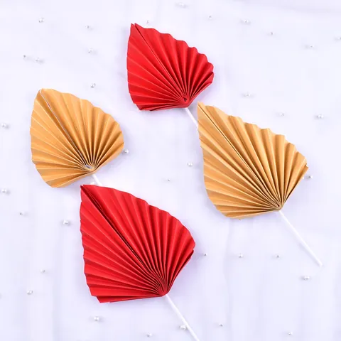 Retro Red Gold Paper Folding Fan Cake Toppers For Birthday Celebration Dessert Table Decor Pleated Leaf Shaped Inserts