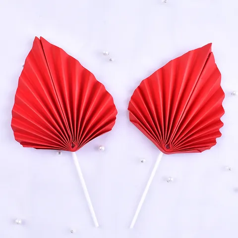 Retro Red Gold Paper Folding Fan Cake Toppers For Birthday Celebration Dessert Table Decor Pleated Leaf Shaped Inserts