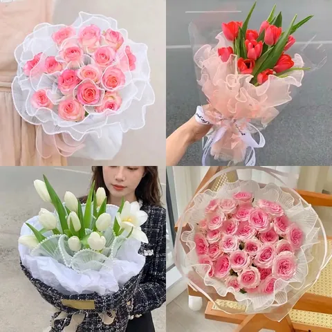 Korean Style Wavy Pleated Mesh Fabric Flower Wrapping Material With Artificial Pearl Trim For Valentine Day Bouquet Decoration