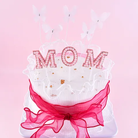 Elegant MOM Artificial Pearl Rhinestone Cake Topper Mother's Day Birthday Cake Decoration Inlaid Letters Baking Decoration