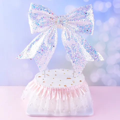 Large Bow Cake Topper Pearl Lace Border LED Baby Light Happy Birthday Sign Birthday Party Cake Decorations