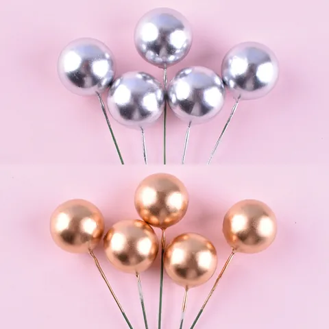 Gold Silver Foam Ball Cake Topper Birthday Cupcake Decoration Metallic Sphere Baking Ornament Party Supplies