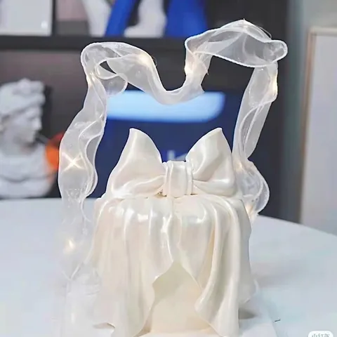 LED Glowing Ribbon Cake Topper White Bow Fairy Style Decorative Silk Strip With Warm Light String For Birthday Party Wedding