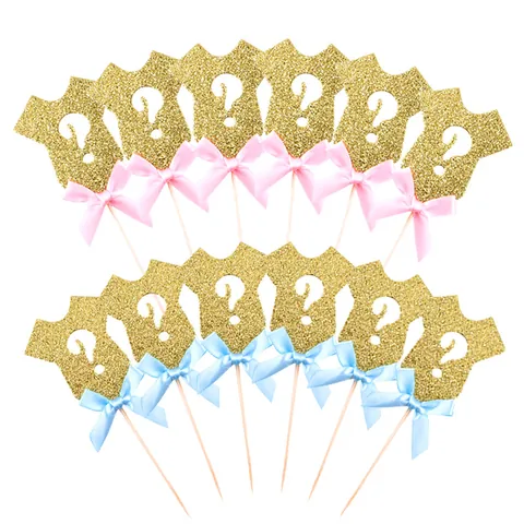 Gold Glitter Gender Reveal Cake Toppers Baby Onesie Question Mark Shape With Pink Blue Satin Bow For Baby Shower Party Decor