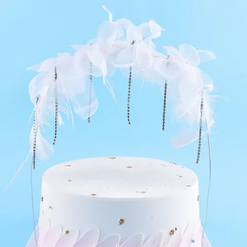 Witte Veer Boog Taarttopper met Strass Kwast Chiffon Bloem Decoratie voor Verjaardag Bruiloft Valentijnsdag Feest