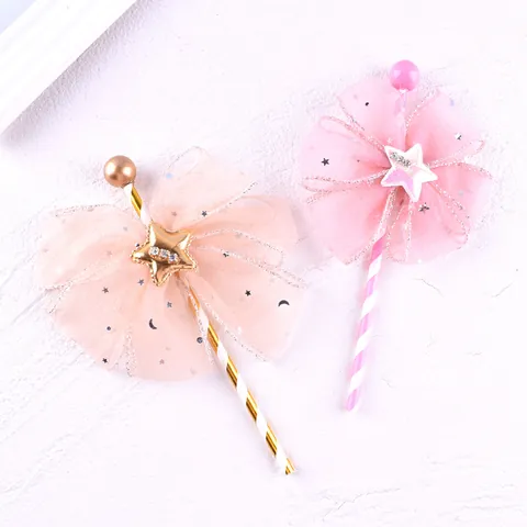 Ins Style Mesh Bow Fairy Cake Topper Star Moon Pattern Rhinestone Birthday Cake Decoration Insert Gold Ball Party Supplies