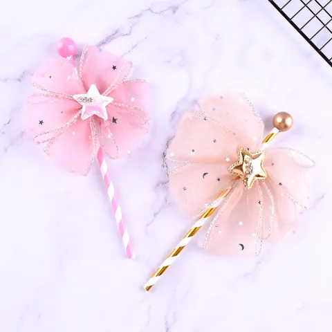 Ins Style Mesh Bow Fairy Cake Topper Star Moon Pattern Rhinestone Birthday Cake Decoration Insert Gold Ball Party Supplies