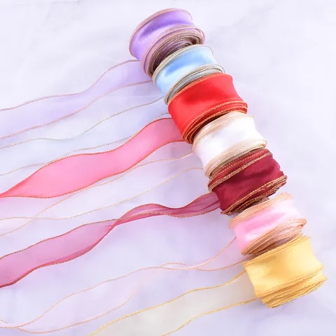 Goudrand Visstaart Organza Lint Golf Transparant Chiffon Lint Voor Verjaardagstaart Decoratie Boeket Verpakking Bruiloft DIY Strik