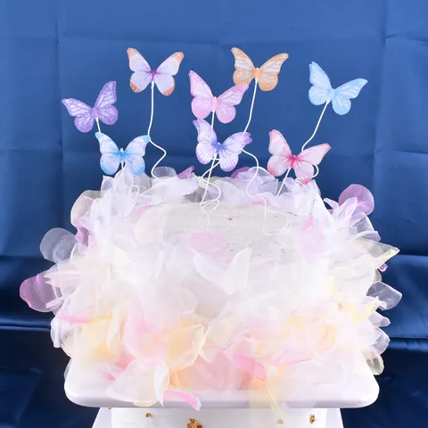 Double Layer White Fabric Butterfly Cake Topper With Rhinestone 3D Mesh Butterfly Birthday Cake Decoration For Wedding Party