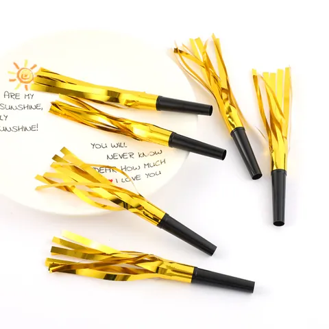 Metallic Gold Party Blowouts Noise Makers With Rain Silk Fringe Tassels For Birthday Celebration Wedding Kids Party Favors Decorations