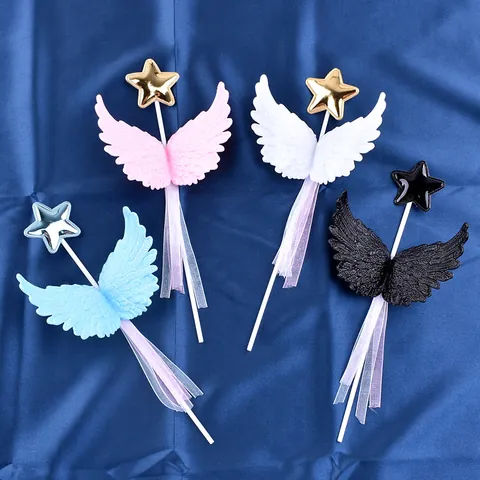 3D Feather Wings Cake Topper With Star And Ribbon Decorative Plastic Wing Cake Insert For Birthday Party Baking Decor