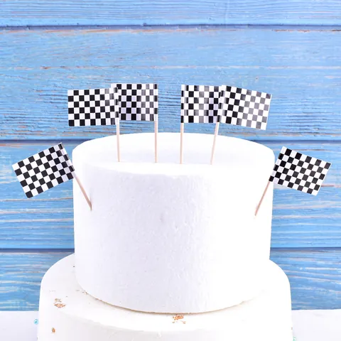 Racing Theme Black White Checkered Flag Cake Toppers Paper Wood Cupcake Picks For Birthday Sports Party Cake Decorations