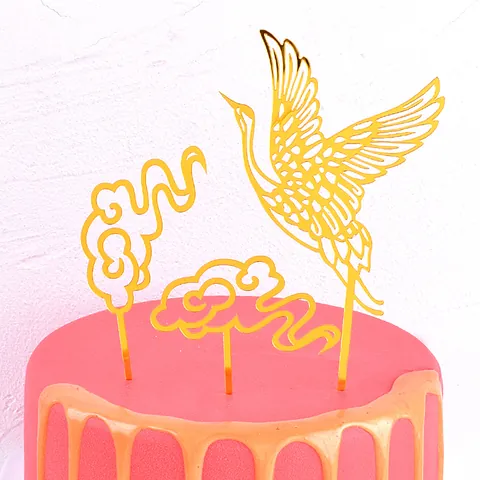 Gold Mirror Acrylic Crane Cloud Cake Topper Set Traditional Chinese Style Birthday Longevity Wedding Party Cake Decoration Supplies