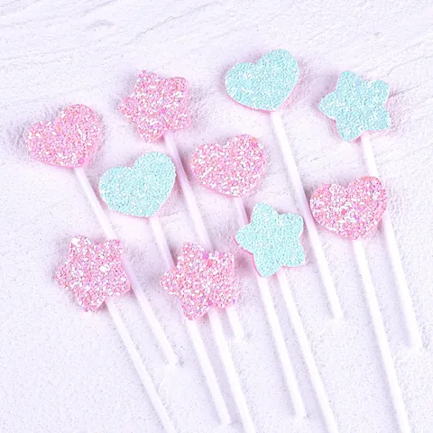 Glitter Fabric Star Heart Cake Topper Set Sparkly Birthday Party Cupcake Decoration Fresh Macaron Color Dessert Inserts