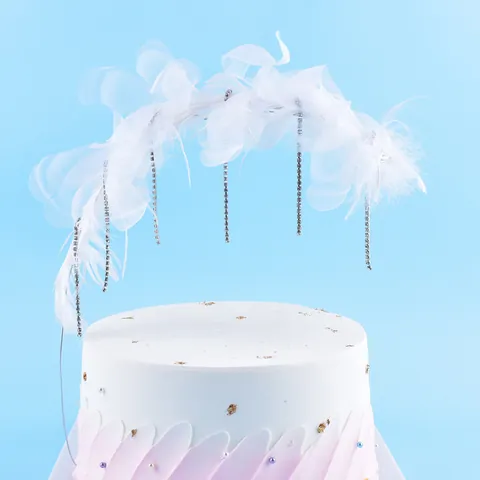 Witte Veer Boog Taarttopper met Strass Kwast Chiffon Bloem Decoratie voor Verjaardag Bruiloft Valentijnsdag Feest