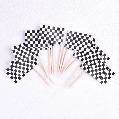 Racing Theme Black White Checkered Flag Cake Toppers Paper Wood Cupcake Picks For Birthday Sports Party Cake Decorations