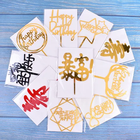 Acrylic Happy Birthday Cake Topper Mirror Gold Red Black Cake Decoration Supplies Heart Star Flower Geometric Baking Plug-in Party Decor