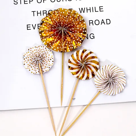 Ins Style Paper Folding Fan Cake Topper For Birthday Party Decoration Gold Pink Blue Silver Black Cardboard Cake Picks