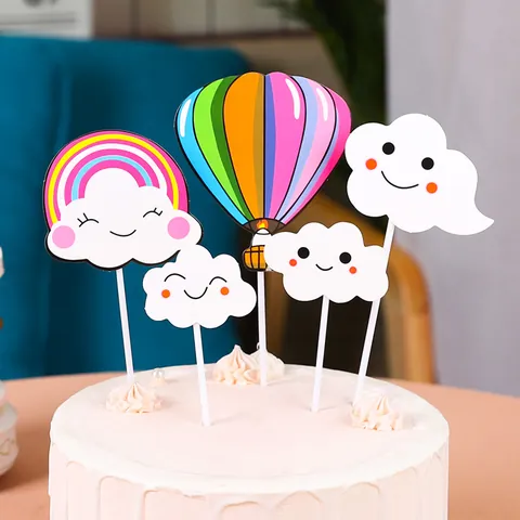 Cute Cartoon Smiling Face Hot Air Balloon Rainbow Cloud Cake Toppers Set Multicolor Paper Cake Decoration For Birthday Party Kids