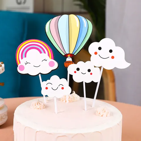 Cute Cartoon Smiling Face Hot Air Balloon Rainbow Cloud Cake Toppers Set Multicolor Paper Cake Decoration For Birthday Party Kids