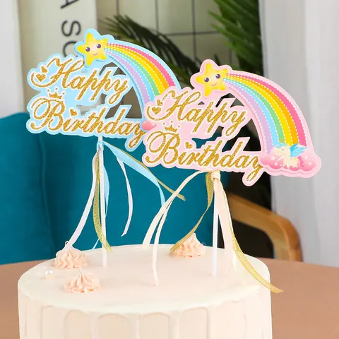 Regenbogen Einhorn Happy Birthday Kuchendeko Mit Glitzer Gold Buchstaben Rosa Blau Band Party Dessert Tisch Dekoration