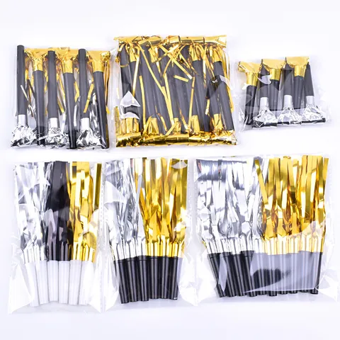 Metallic Gold Party Blowouts Noise Makers With Rain Silk Fringe Tassels For Birthday Celebration Wedding Kids Party Favors Decorations