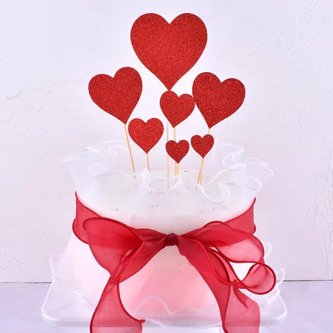 Aesthetic Red White Mesh Gauze Cake Border Ribbon With Glitter Heart Topper Set Romantic Cake Decoration For Birthday Valentine Day Wedding Party