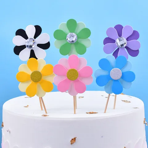 Sunflower Birthday Cake Topper Double Layer Paper Daisy Cake Picks With Wood Stick Glitter Rhinestone Party Decoration