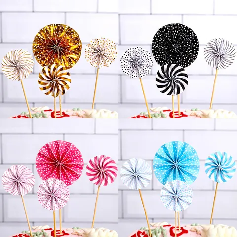 Ins Style Paper Folding Fan Cake Topper For Birthday Party Decoration Gold Pink Blue Silver Black Cardboard Cake Picks