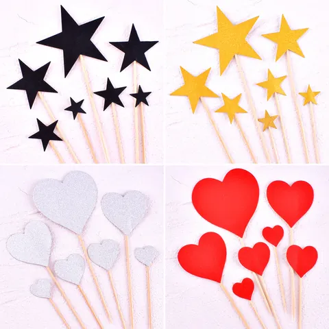 Glitter Heart Star Cake Topper Set For Birthday Party Decoration Wedding Anniversary Red Gold Silver Black Paper Cupcake Picks