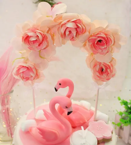 Pink Rose Flower Arch Cake Topper Romantic Fabric Floral Decoration For Wedding Valentine Day Birthday Party Supplies Ornament