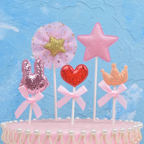 Juego de Adornos para Tarta Corazón Conejo Corona Estrella Purpurina Malla Lazo Decoración para Fiesta de Cumpleaños Mesa Postre