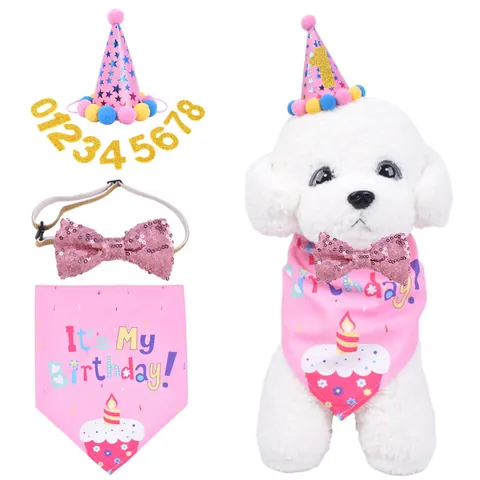 Pet Birthday Hat Bandana Bowtie Polyester Animal Party Celebration Collection Glitter Birthday Outfit For Small Medium Dogs Cats
