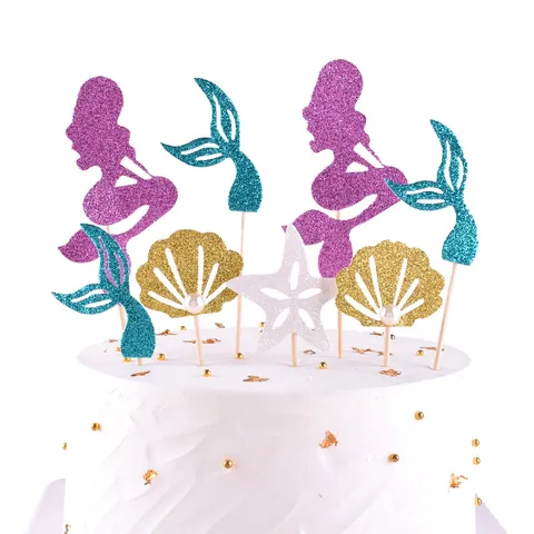 Mermaid Theme Cake Topper Set Glitter Paper Starfish Shell Fish Tail Cupcake Picks Birthday Party Dessert Table Decoration