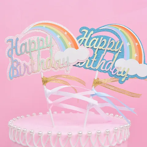 Rainbow Cloud Happy Birthday Cake Topper With Satin Ribbon Shimmer Glitter Paper Topper For Party Baking Decoration Supplies