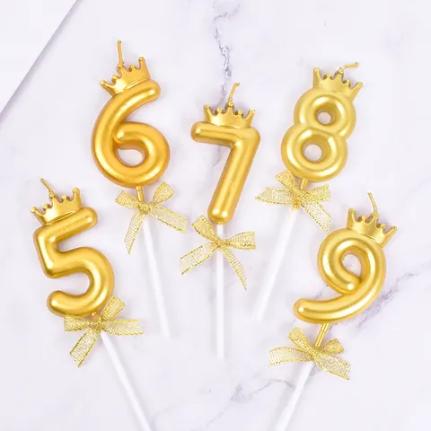 Gold Number Birthday Candle With Crown Bowknot Creative Cake Topper Candle For Kids Party Cake Decoration Supplies