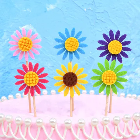 Sunflower Cake Toppers Felt Flower Cake Picks For Birthday Party Dessert Table Decoration Floral Party Supplies