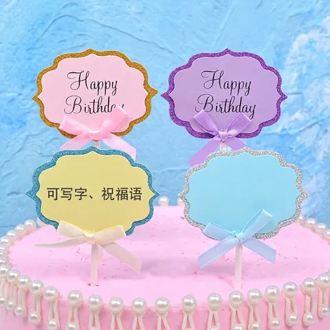 DIY Paper Cake Topper With Glitter Border Silk Bow Writable Birthday Cake Decoration For Party Dessert Happy Birthday Plugin
