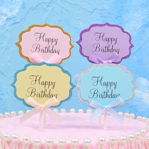 DIY Paper Cake Topper With Glitter Border Silk Bow Writable Birthday Cake Decoration For Party Dessert Happy Birthday Plugin